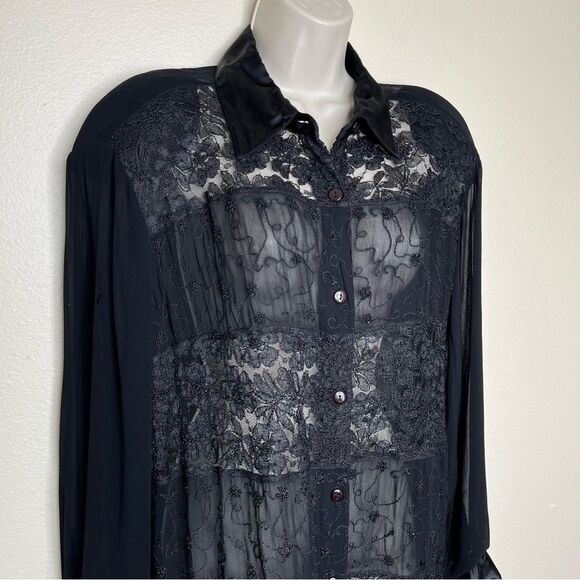 Lane Bryant Designs Collection Black Beaded Lace Button Front Shirt Women 14 16 - Picture 2 of 15